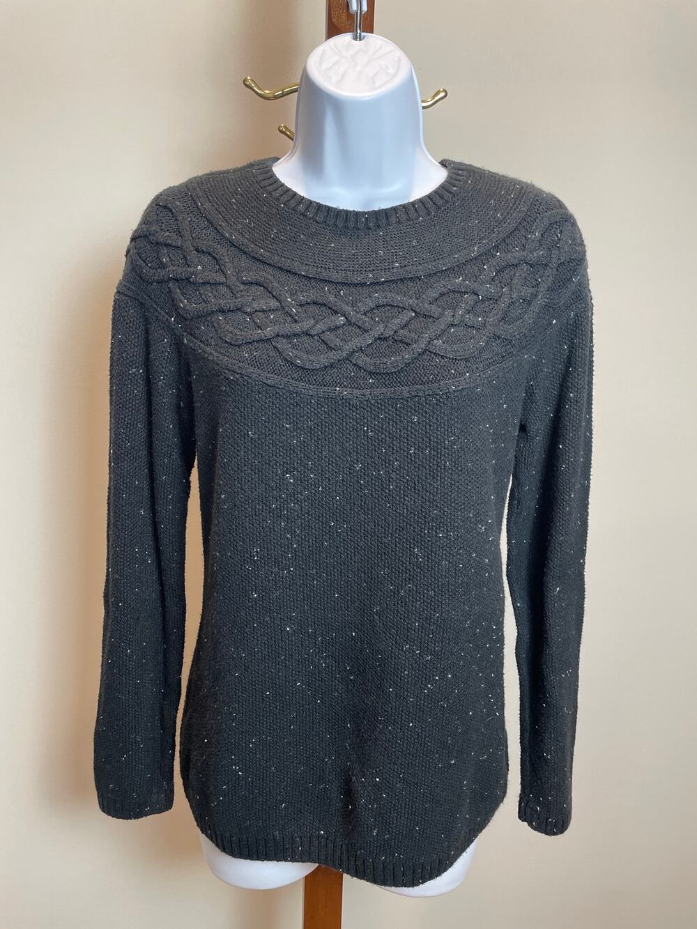 Talbots Speckled Ribbed Knit Crew Neck Sweater Size S Black